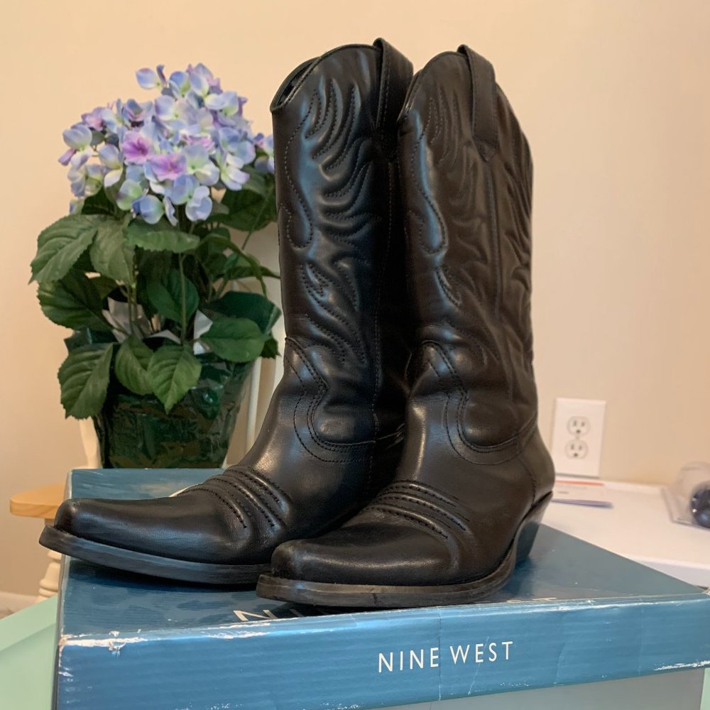 Vintage Nine West REVISIT09 Black Leather Cowboy Boots 7.5